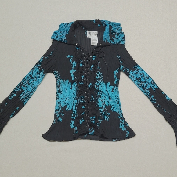 Gothic Vintage Lace-up Corset Black Teal Long Flare Sleeve Plisse Pleated Blouse - Picture 2 of 11